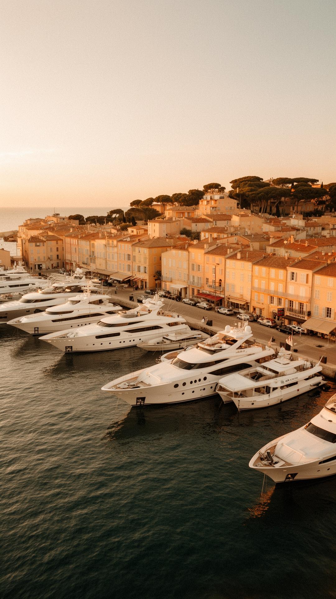 Vue aérienne du port de Saint-Tropez à l'heure dorée